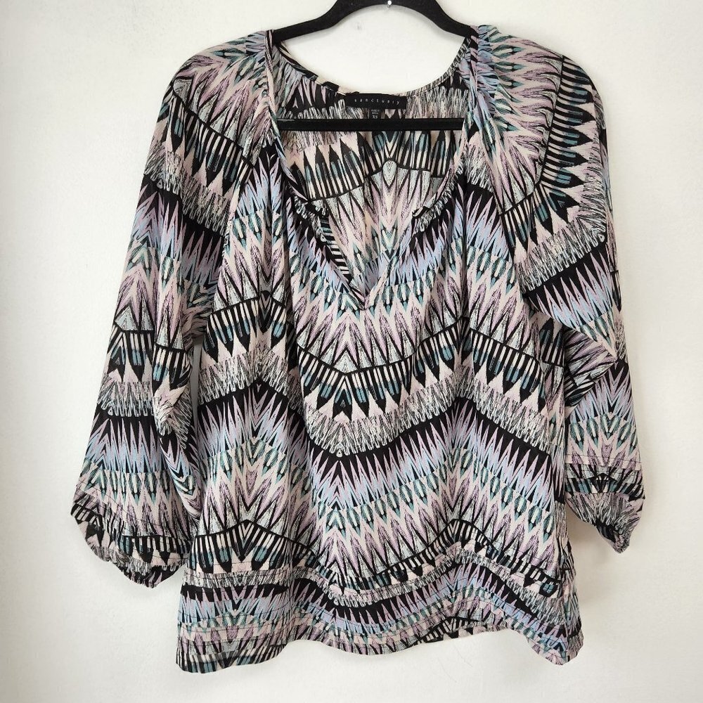 Sanctuary Sheer Chiffon Pastel Geometric Pleated Hem Long Sleeve Blouse Top XS
